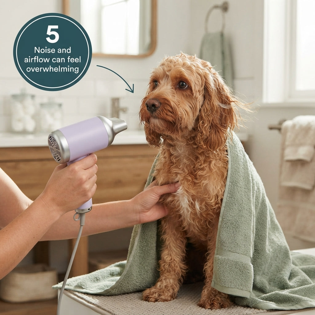 Dog becoming comfortable with drying