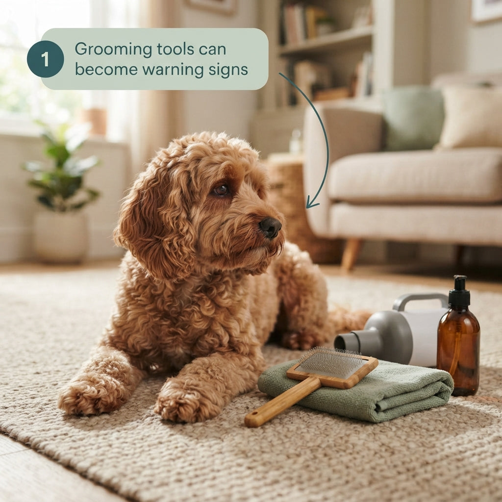 Dog unsure around grooming equipment