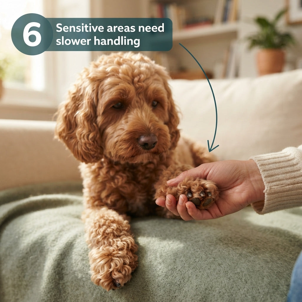 Dog having paws and sensitive areas handled