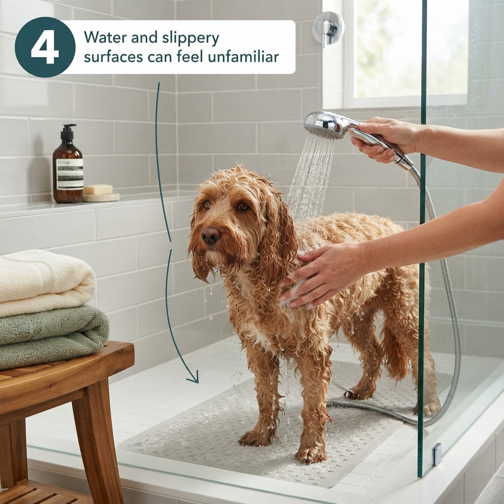 Dog being calmly washed in a bath